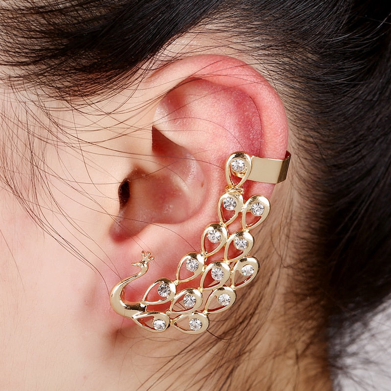 Exquisite Crystal Peacock Ear Cuff Fashion Gothic Hook Clip Left Earcuffs Women No Pierced Jewelry Earring