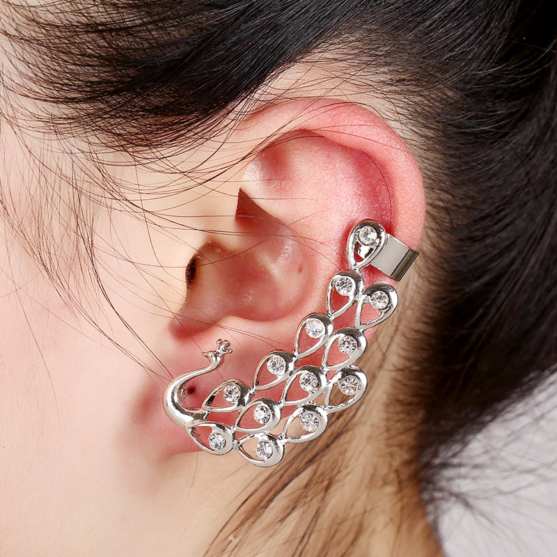Exquisite Crystal Peacock Ear Cuff Fashion Gothic Hook Clip Left Earcuffs Women No Pierced Jewelry Earring