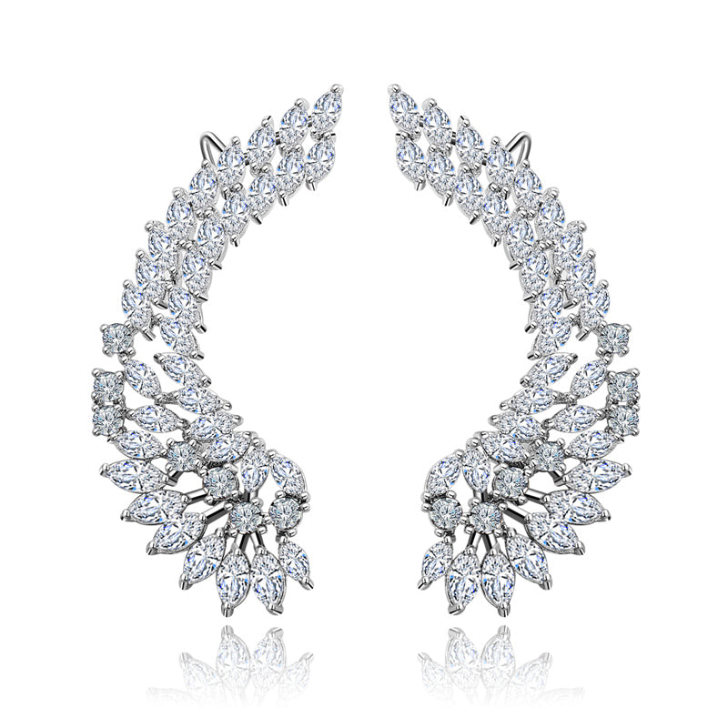 925 Luxury Lady's Silver Post Cubic Zircon Crystal Angel Wing Ear Sweep Wrap Cuff Earrings Climber Earrings