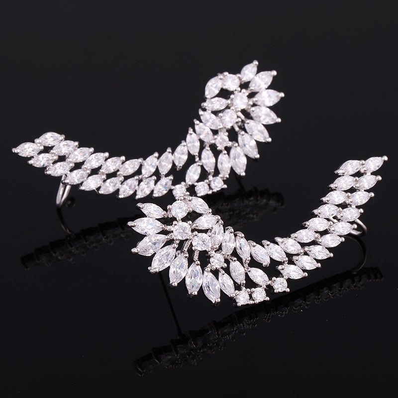 925 Luxury Lady's Silver Post Cubic Zircon Crystal Angel Wing Ear Sweep Wrap Cuff Earrings Climber Earrings
