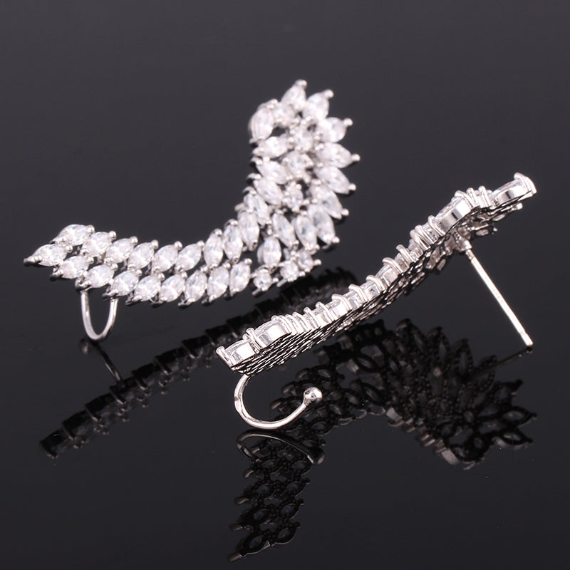 925 Luxury Lady's Silver Post Cubic Zircon Crystal Angel Wing Ear Sweep Wrap Cuff Earrings Climber Earrings