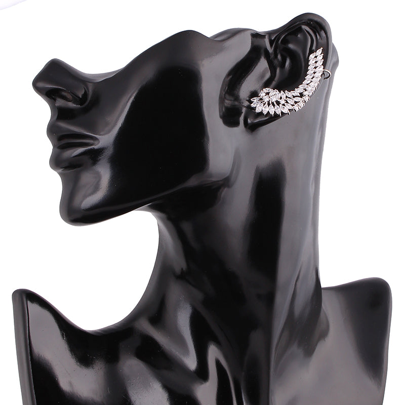925 Luxury Lady's Silver Post Cubic Zircon Crystal Angel Wing Ear Sweep Wrap Cuff Earrings Climber Earrings