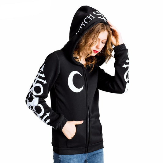 Women Hoodies Clothes Gothic Punk Moon Letters Printed Sweatshirts Winter Autumn Long Sleeve Jacket Zipper Coat