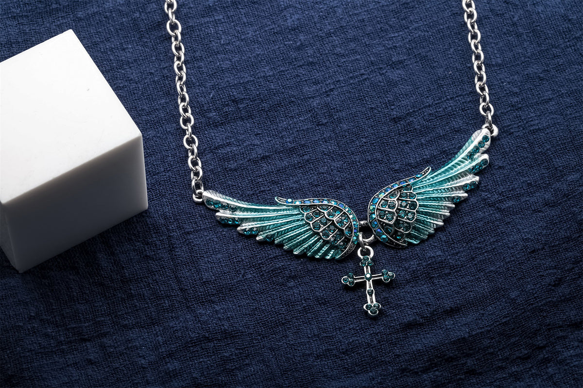 Angel Wing Cross Choker Necklace Guardian Women Biker Crystal Jewelry Gifts