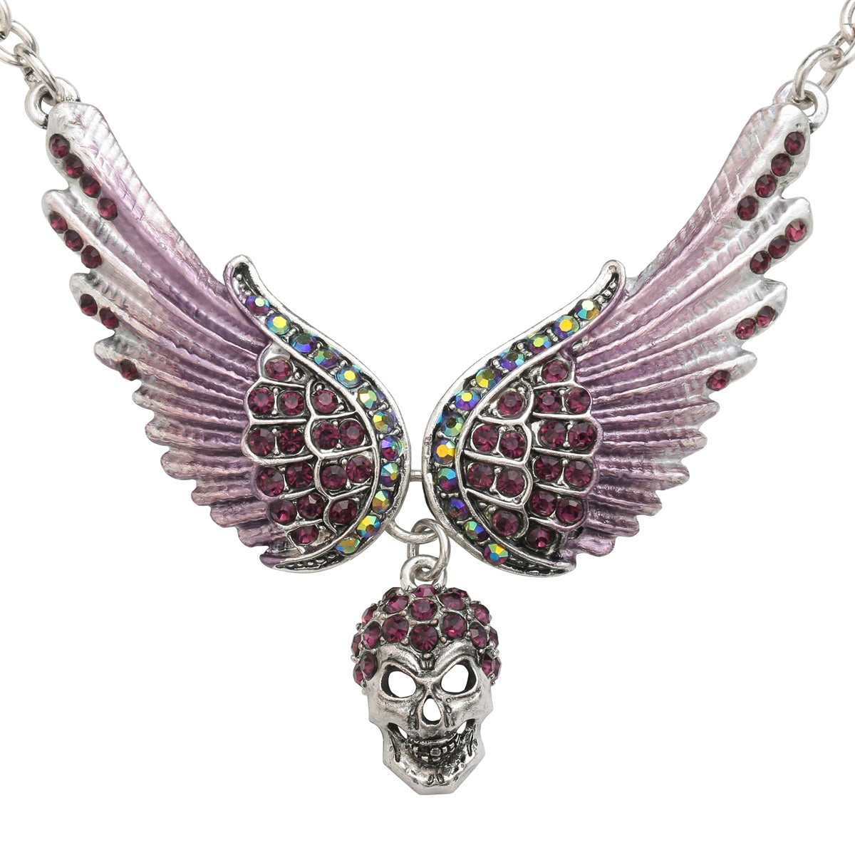 Angel Wings Skull Choker Necklace Guardian Biker Crystal Goth Jewelry Gift for Women Silver Color (18+2)"