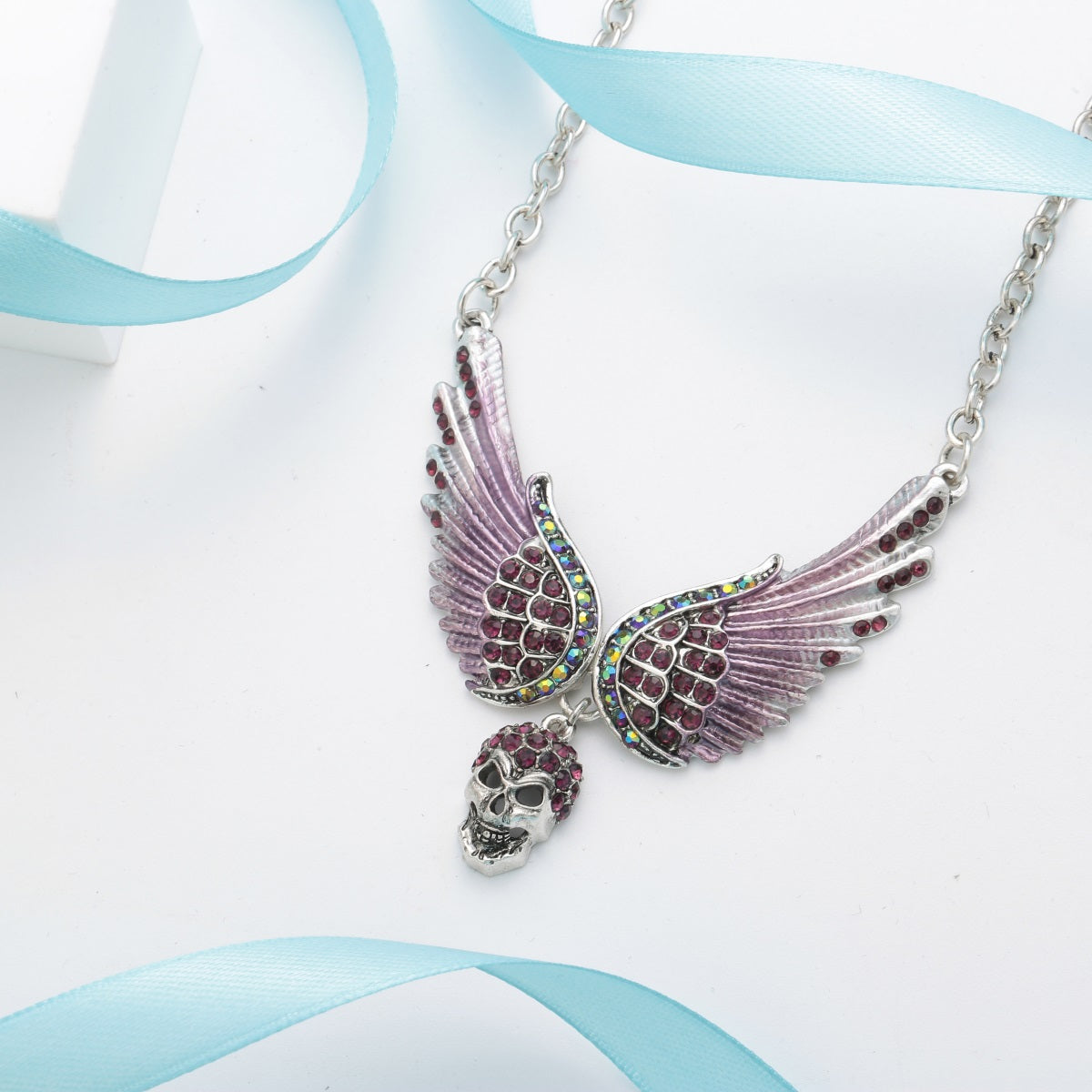Angel Wings Skull Choker Necklace Guardian Biker Crystal Goth Jewelry Gift for Women Silver Color (18+2)"
