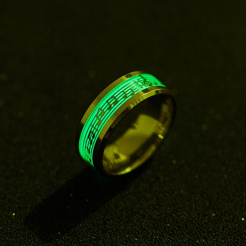 Stainless Steel Music Stave Luminous Ring for Men Women Creative Glow in Dark