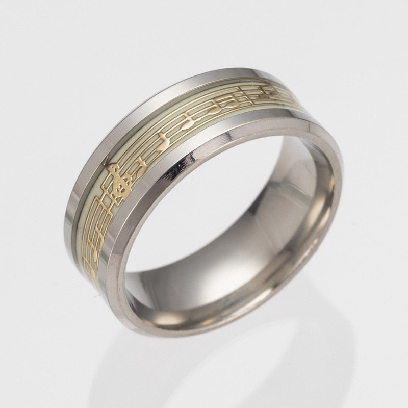 Stainless Steel Music Stave Luminous Ring for Men Women Creative Glow in Dark