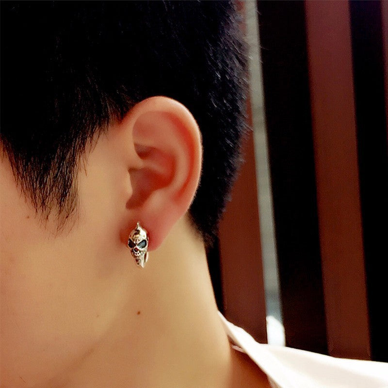 925 Sterling Silver Skull Stud Mens Earrings Vintage Black Earring Men Punk Skeleton Studs For Men Biker Jewelry 1pcs
