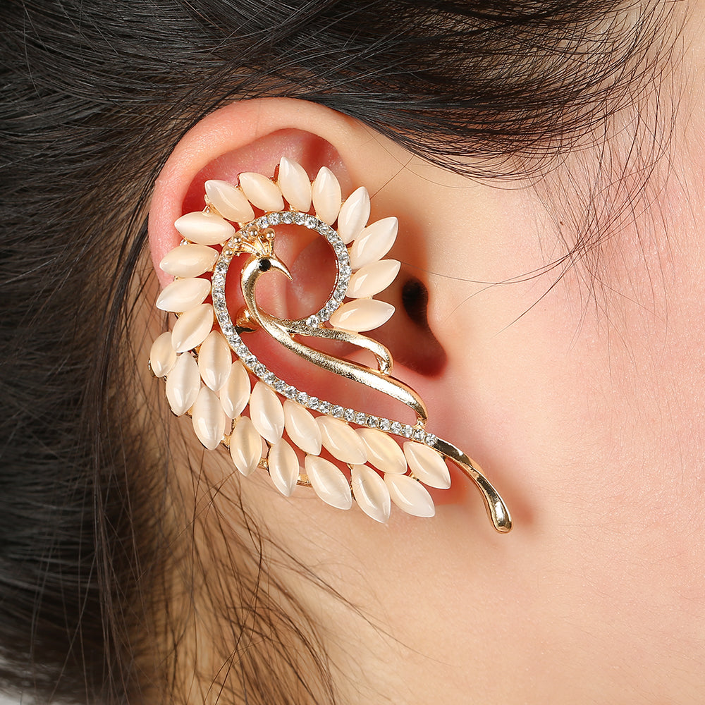 Fashion Left Right Peacock Crystal Ear Cuff Opal Piercing Jewelry Women Best Friend Gift Gold Silver Plated Clip Earrings