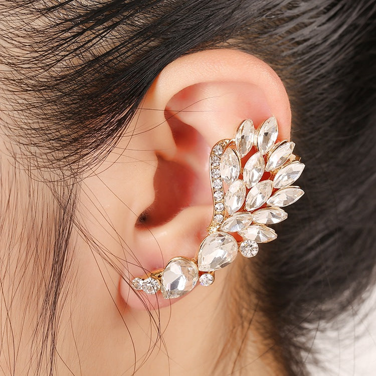 Fashion Popular Women Full Rhinestones Wing Ear Cuff Feather Gold Silver Plated Big Zircon Earcuff Clip Earrings