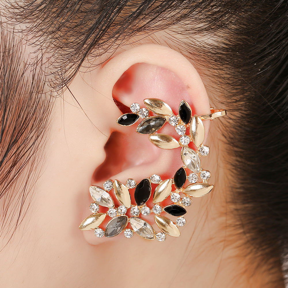 Fashion Women Rhinestones Hollow Flowers Ear Cuffs Crystal Earcuff Jewelry Gift Leaf Zircon Clip Earring