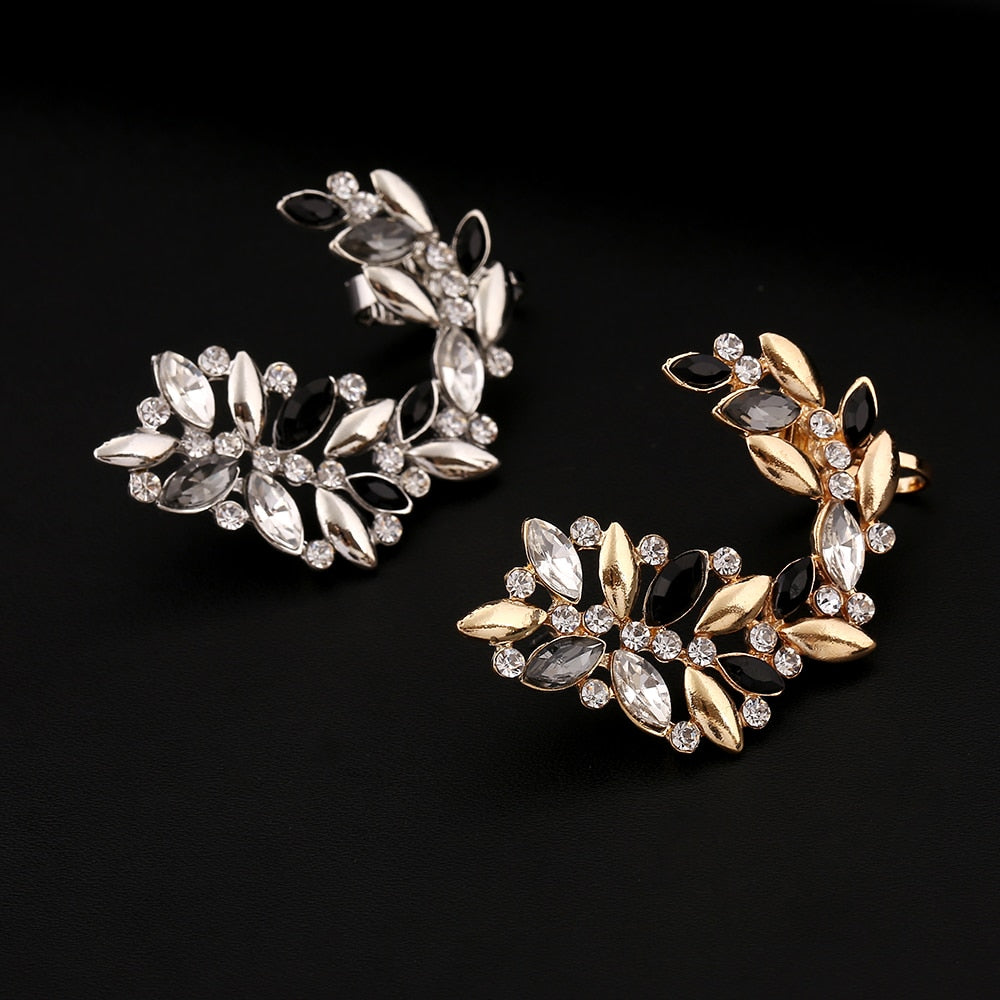 Fashion Women Rhinestones Hollow Flowers Ear Cuffs Crystal Earcuff Jewelry Gift Leaf Zircon Clip Earring
