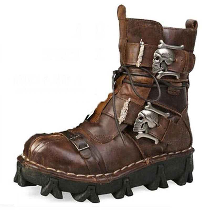 Size 38~49 Genuine Leather Men Motorcycle Boots Black Brown Ankle Boots Punk Style Army Boots Skull Metal