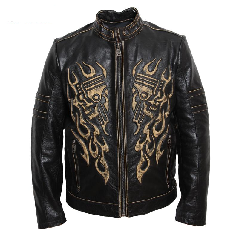 Motorcycle Leather Jacket Men Leather Jacket Skull Cowhide Black Vintage Genuine Leather Jacket Mens Biker Coat 092