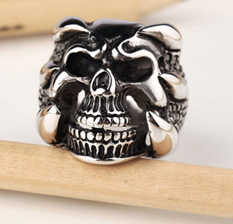 New Punk Rock Mens Rings Vintage Gothic Jewelry Antique Silver Dragon Claw Ring Men Skull Rings US Size 8-10