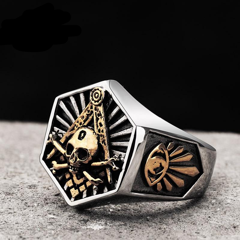 Ring For Men hexagon skull Stainless steel Freemason Totem Jewelry