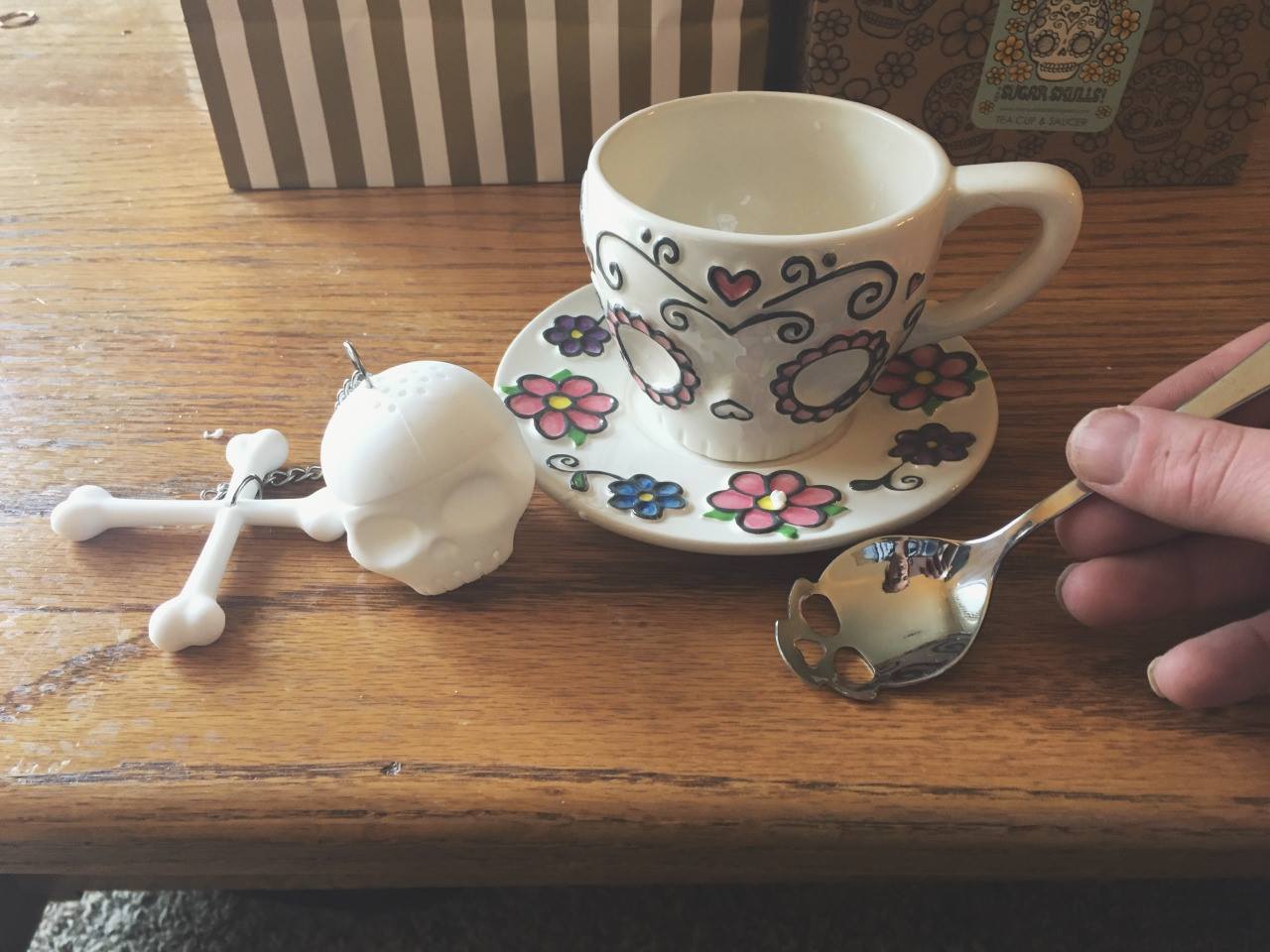 Ceramic Sugar Skull Teacup and Spoon & Leaf Tea Infuser