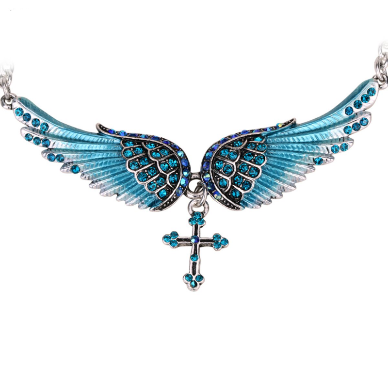 Angel Wing Cross Choker Necklace Guardian Women Biker Crystal Jewelry Gifts