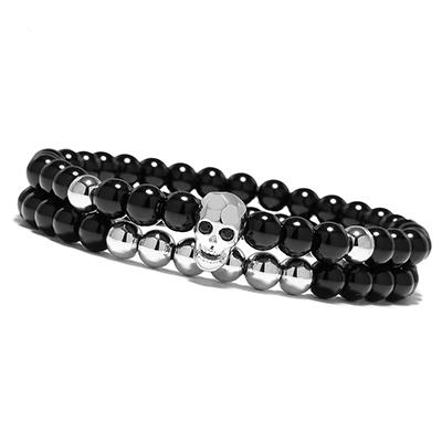 Steampunk Metal Smile Skull Bracelets Set Elastic Black Beads Chain Skeleton