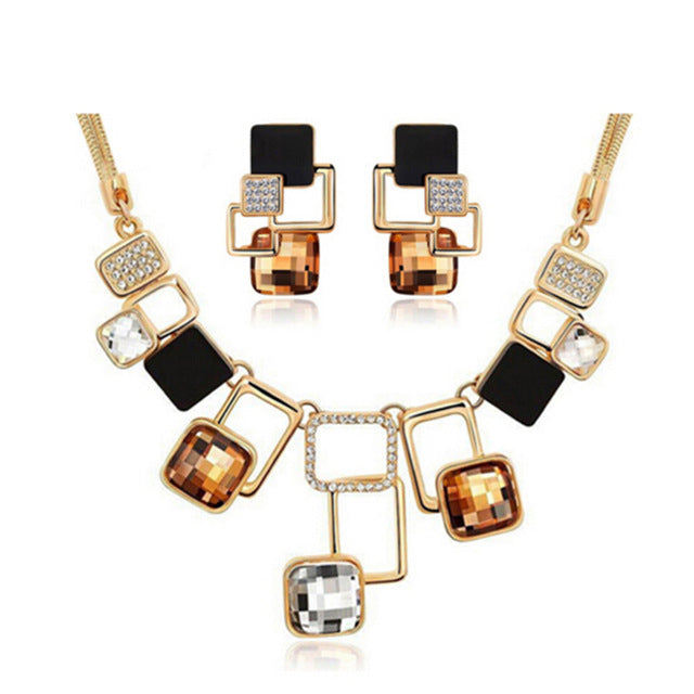 Luxury Crystals Square Jewelry Sets Geometric Earrings Square Pendant Snake Chain Necklace Jewelry Women Parure Bijoux
