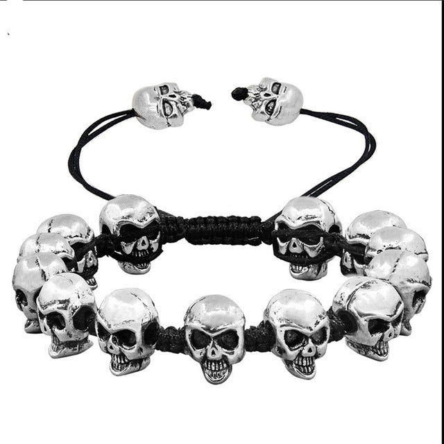 Smile Skull Skeleton Bead Bracelets Strand Vintage Boho Antique Silver Plated Handmade Rope Woven Craft Fashion Jewelry