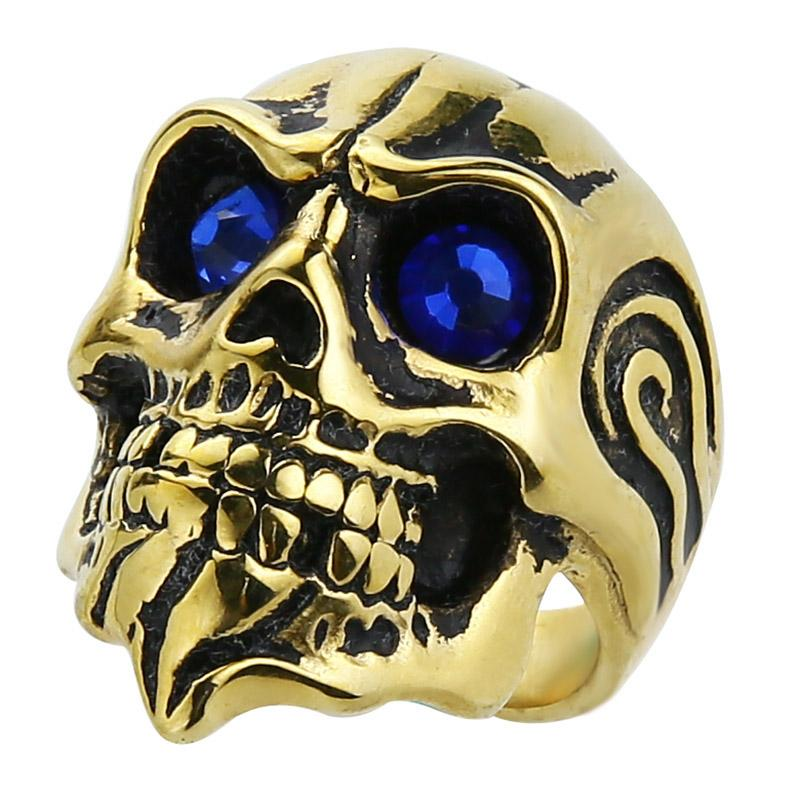 Men's Gold Biker Gothic Skull Ring Red Eye stainless steel old motorcycle restoring ancient ways ring for Men Jewelry