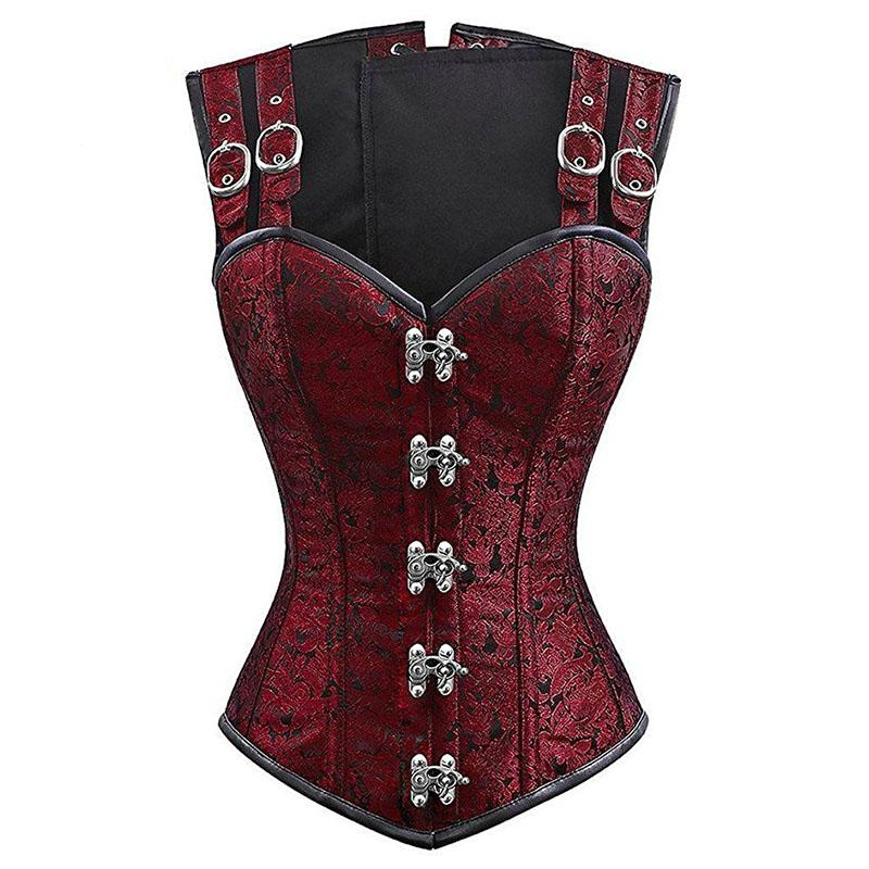 Steampunk Corset and Bustier Red Brocade Sexy Cupless Vest Corset Gothic Waist Corsets Steel Boned Cosplay Clothing
