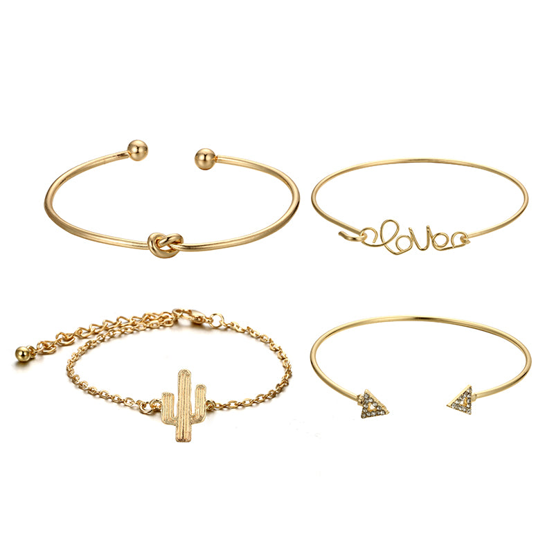4pcs/1set Gold Color Cactus Letter Knot Bracelet Bohemian Geometric Metal Chain Bracelet Statement Jewelry 6116