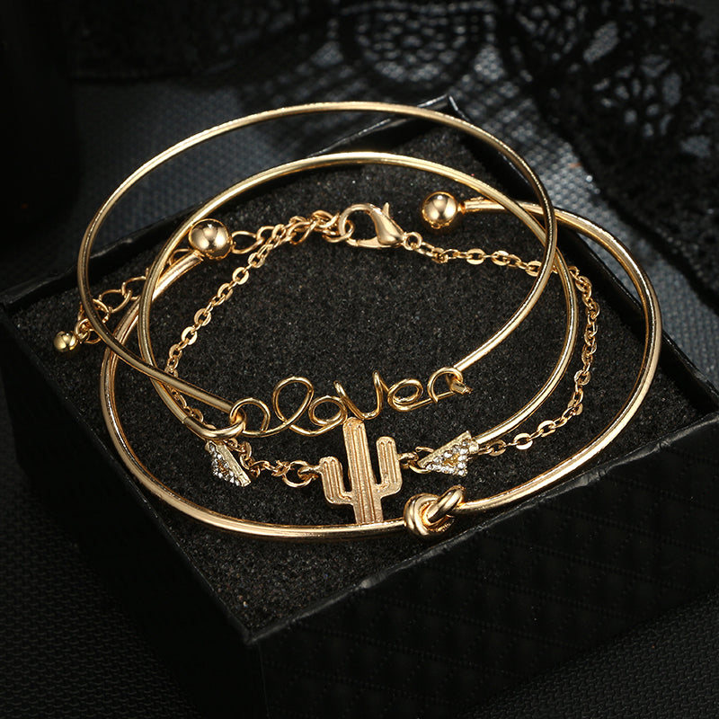 4pcs/1set Gold Color Cactus Letter Knot Bracelet Bohemian Geometric Metal Chain Bracelet Statement Jewelry 6116
