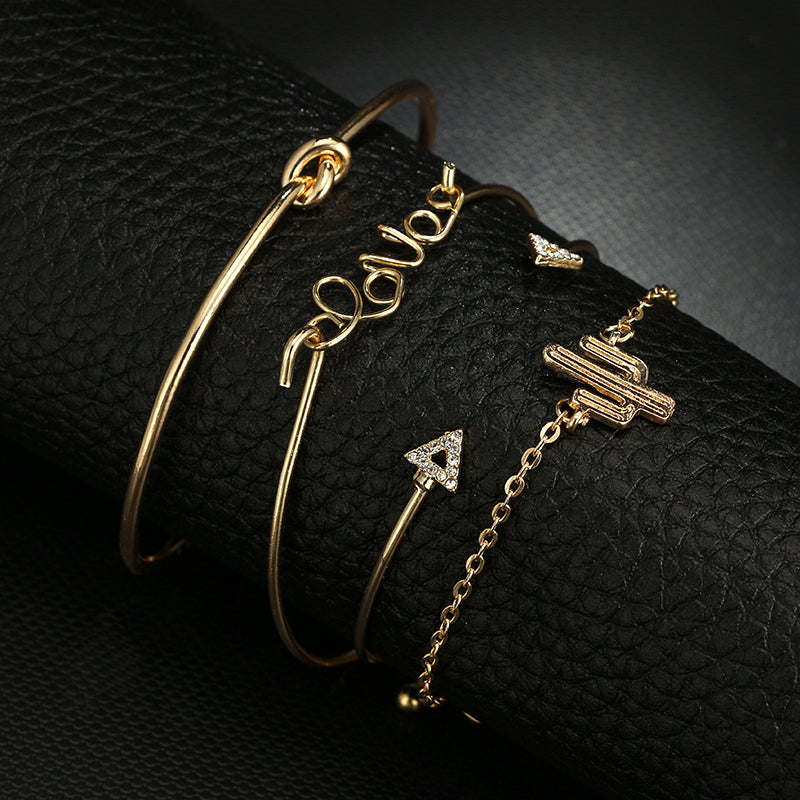 4pcs/1set Gold Color Cactus Letter Knot Bracelet Bohemian Geometric Metal Chain Bracelet Statement Jewelry 6116