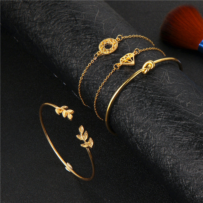 4pcs/1set Punk Bracelet Simple Geometric Leaf Knot Metal Chain Bracelet Bohemian Retro Bracelet Jewelry Accessories 6115