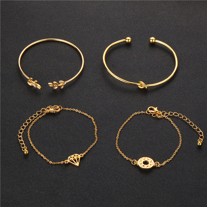 4pcs/1set Punk Bracelet Simple Geometric Leaf Knot Metal Chain Bracelet Bohemian Retro Bracelet Jewelry Accessories 6115