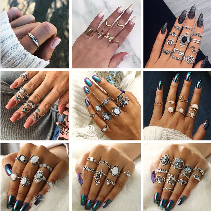 Antique Silver Carved Geometric Rings Set for Women Letter Hand Flower Knuckle Midi Rings Set Bohemian Jewelry