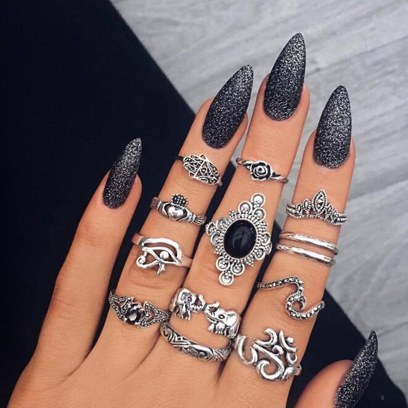 Antique Silver Carved Geometric Rings Set for Women Letter Hand Flower Knuckle Midi Rings Set Bohemian Jewelry