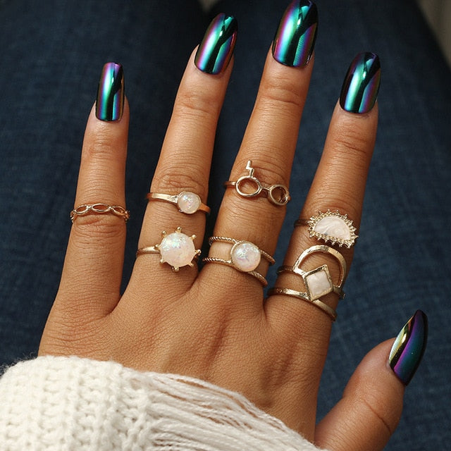 Antique Silver Carved Geometric Rings Set for Women Letter Hand Flower Knuckle Midi Rings Set Bohemian Jewelry