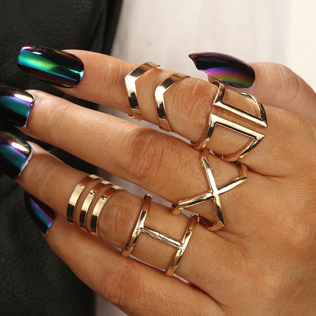 Antique Silver Carved Geometric Rings Set for Women Letter Hand Flower Knuckle Midi Rings Set Bohemian Jewelry