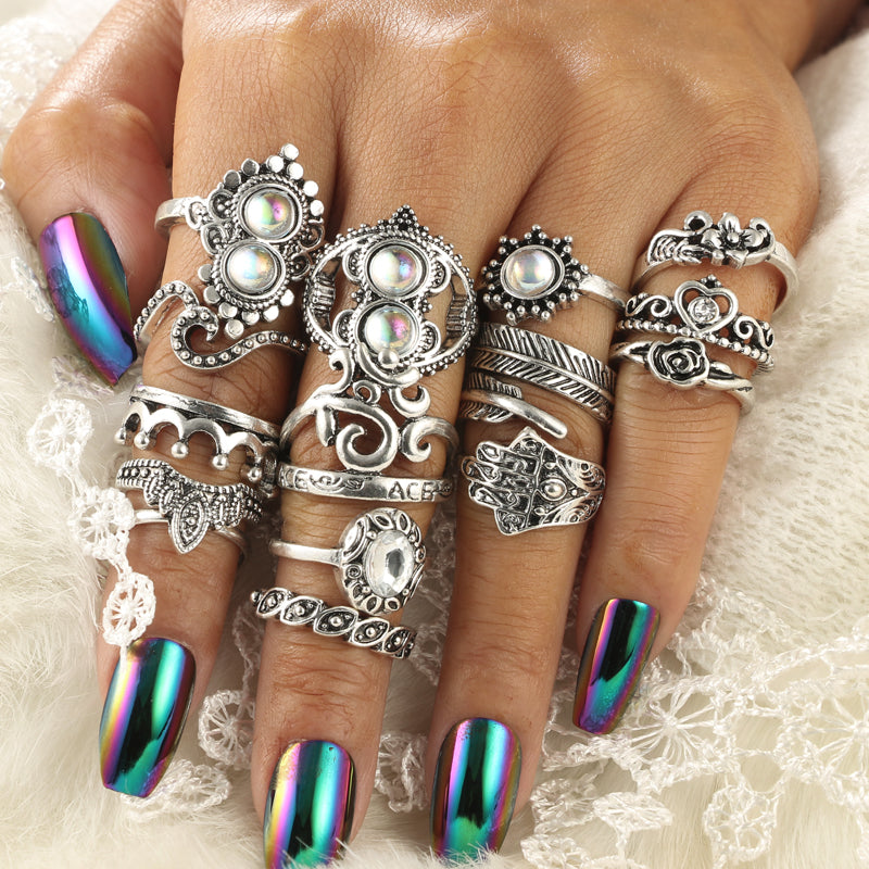 Antique Silver Color Flower Leaf Heart Crown Hand Shape Rings Set for Women Opal Crystal Knuckle Midi Rings 16pcs