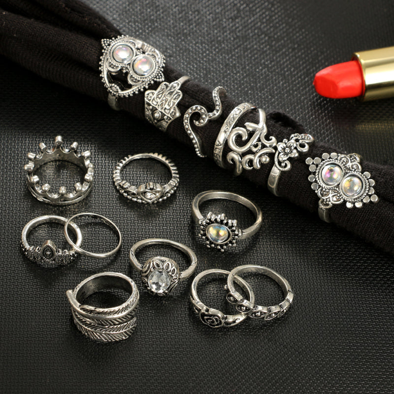 Antique Silver Color Flower Leaf Heart Crown Hand Shape Rings Set for Women Opal Crystal Knuckle Midi Rings 16pcs