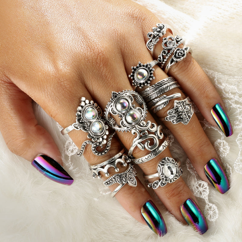 Antique Silver Color Flower Leaf Heart Crown Hand Shape Rings Set for Women Opal Crystal Knuckle Midi Rings 16pcs