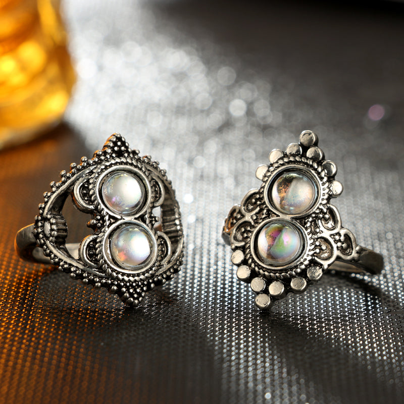 Antique Silver Color Flower Leaf Heart Crown Hand Shape Rings Set for Women Opal Crystal Knuckle Midi Rings 16pcs