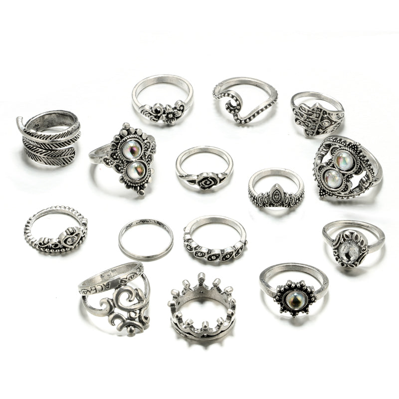 Antique Silver Color Flower Leaf Heart Crown Hand Shape Rings Set for Women Opal Crystal Knuckle Midi Rings 16pcs