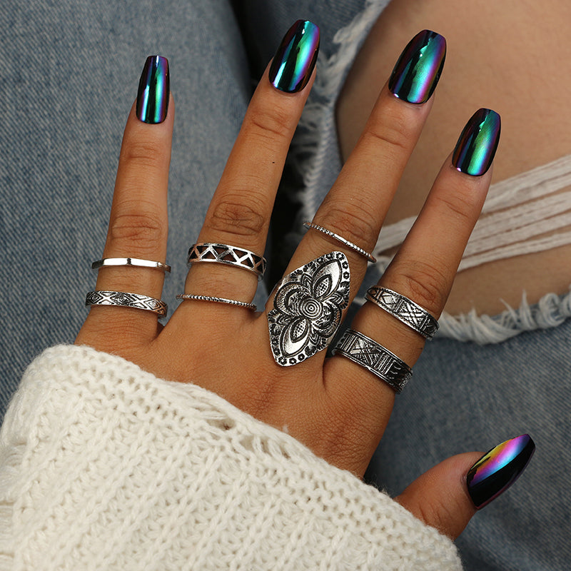 Bohemia Style 8pcs/set Antique Silver Rings Classic Pattern Flower Carving RING WOMEN Tribal Knuckle Ring Jewelry