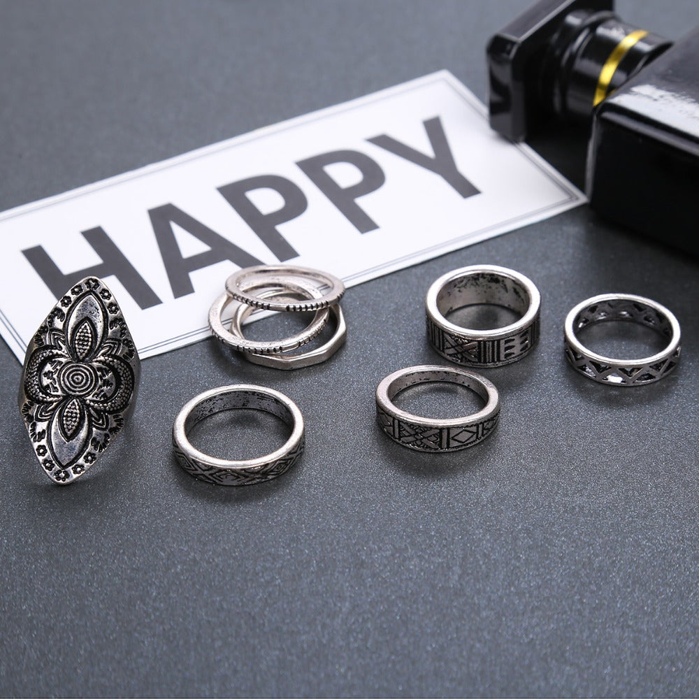 Bohemia Style 8pcs/set Antique Silver Rings Classic Pattern Flower Carving RING WOMEN Tribal Knuckle Ring Jewelry