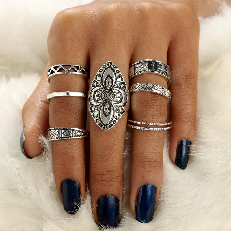 Bohemia Style 8pcs/set Antique Silver Rings Classic Pattern Flower Carving RING WOMEN Tribal Knuckle Ring Jewelry