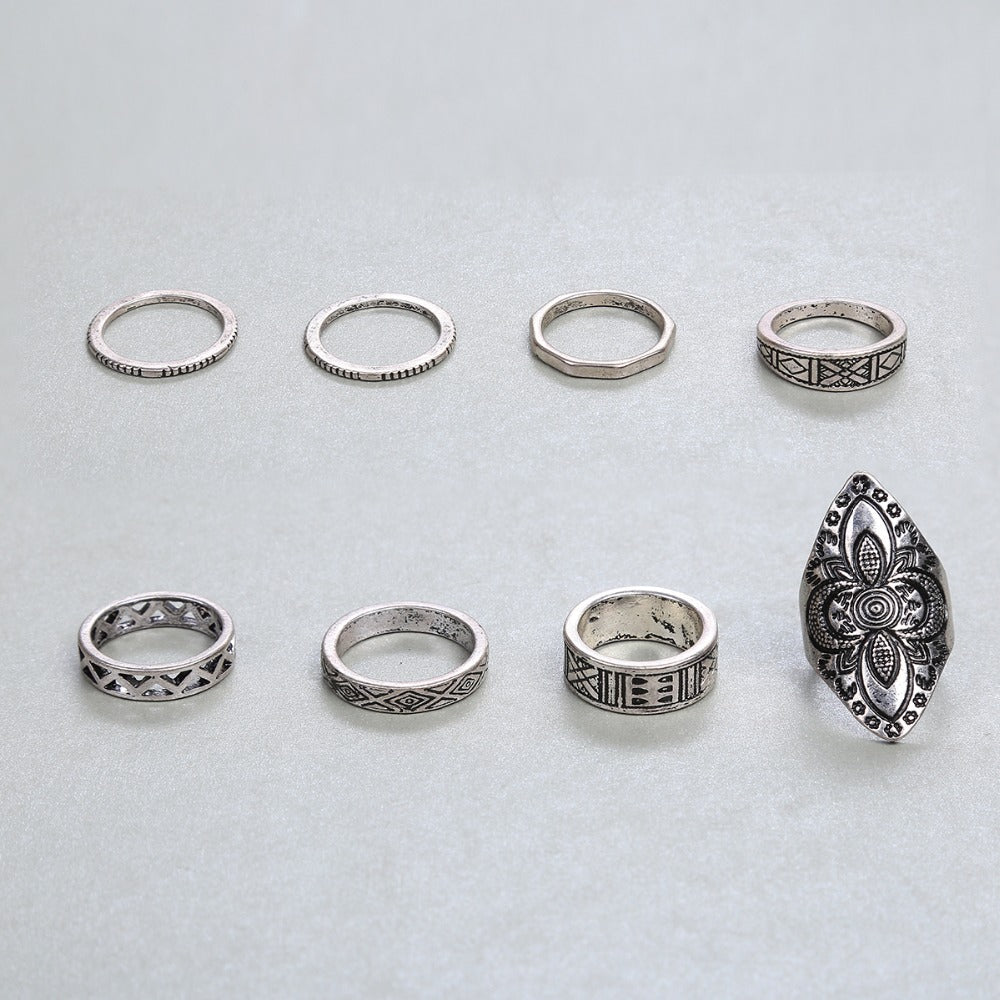 Bohemia Style 8pcs/set Antique Silver Rings Classic Pattern Flower Carving RING WOMEN Tribal Knuckle Ring Jewelry