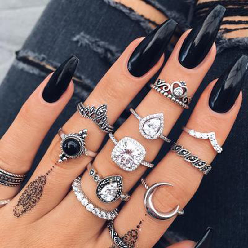 Bohemian Black Rhinestone Crown Horn Rings Set for Women Geometric Crystal Knuckle Midi Ring Boho Jewelry Anillos 6390