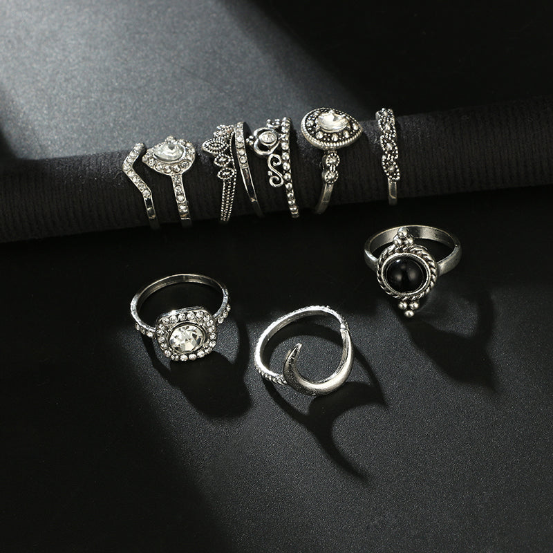 Bohemian Black Rhinestone Crown Horn Rings Set for Women Geometric Crystal Knuckle Midi Ring Boho Jewelry Anillos 6390
