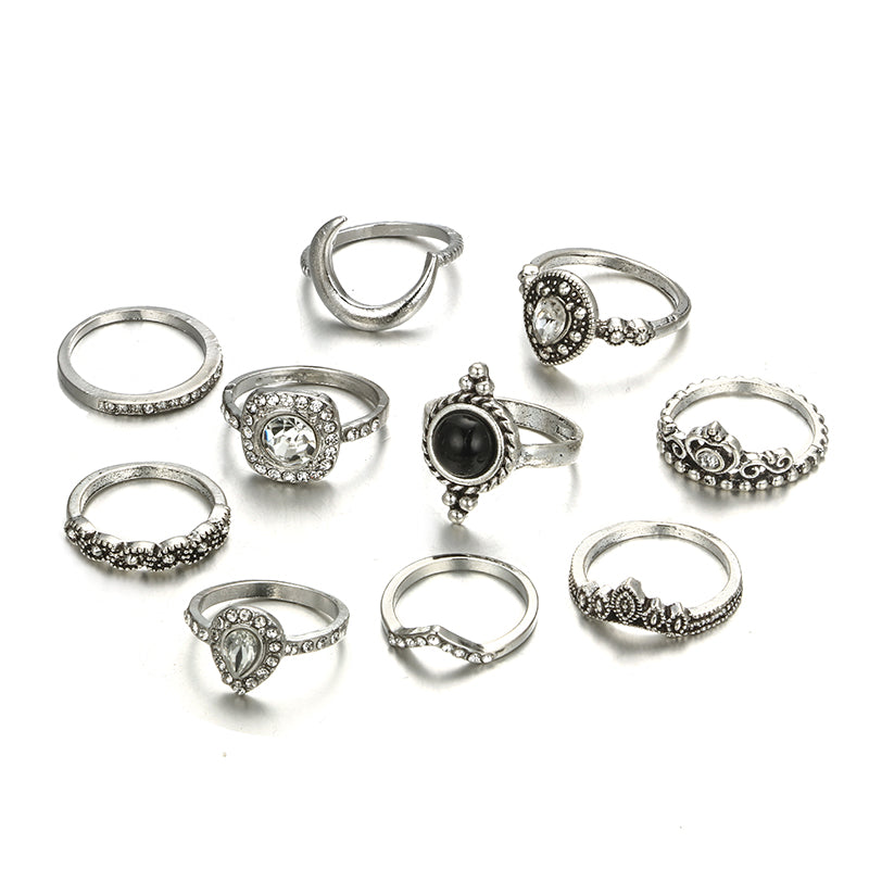 Bohemian Black Rhinestone Crown Horn Rings Set for Women Geometric Crystal Knuckle Midi Ring Boho Jewelry Anillos 6390