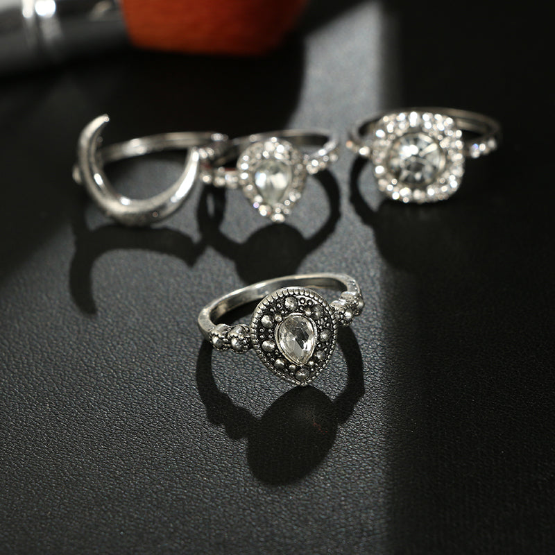 Bohemian Black Rhinestone Crown Horn Rings Set for Women Geometric Crystal Knuckle Midi Ring Boho Jewelry Anillos 6390